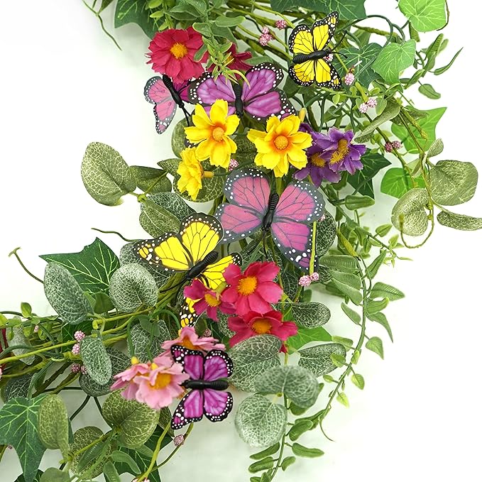 20" Artificial Spring Summer Wreath with Fake Butterflies,Eucalyptus Leaves,Daisy,Dry Vine Branches,Fern Leaves for Front Door Indoor Outdoor Farmhouse Wall Holiday Decor, White Gift Box Included