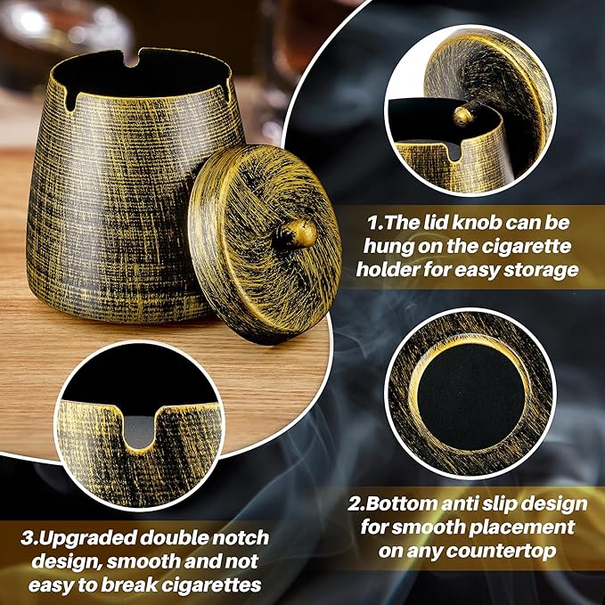 Ashtray for Cigarettes Outdoor, Outdoor Ashtray with Lid, Metal Odorless Windproof Smokeless AshTray for Patio Home Office Tabletop Balcony
