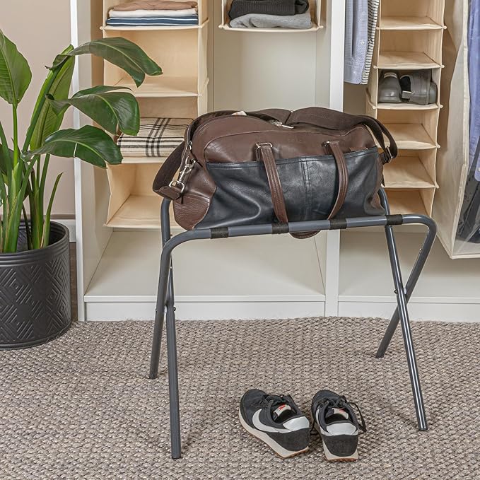 Household Essentials Luggage Rack, Grey Frame with Black Straps