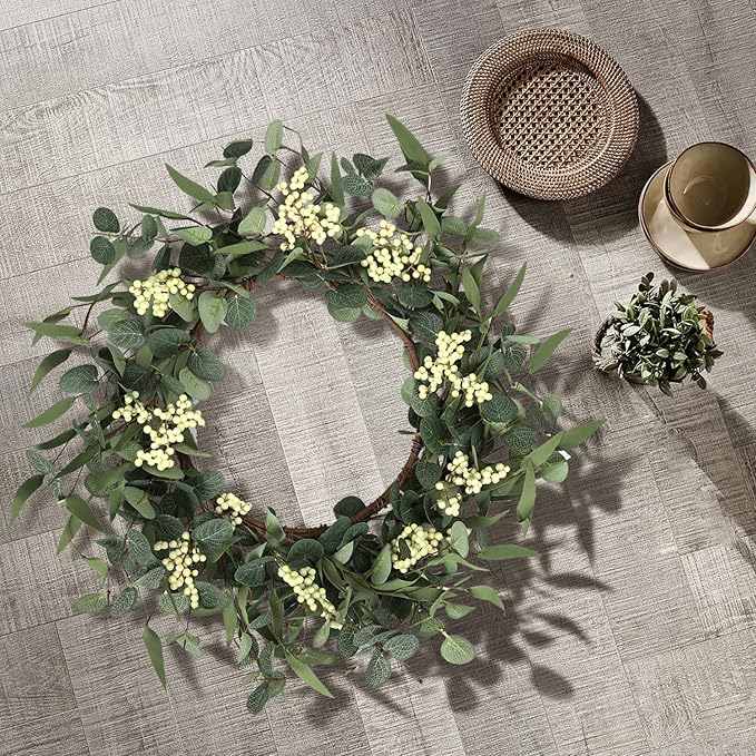 Pinkpum 20'' Eucalyptus Wreath for Front Door, Porch, Window - Green Decor for Home, Farmhouse - Spring, Summer, Fall, All Seasons Fluffy Version