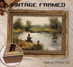 Vintage Gold Framed Wall Art Boy Fishing Country Oil Painting Canvas Prints Peaceful Lake Landscape with Dog Picture Rustic Farmhouse Poster Artwork for Nursery Living Room Bedroom, 9x11in