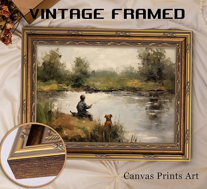 Vintage Gold Framed Wall Art Boy Fishing Country Oil Painting Canvas Prints Peaceful Lake Landscape with Dog Picture Rustic Farmhouse Poster Artwork for Nursery Living Room Bedroom, 16x24in