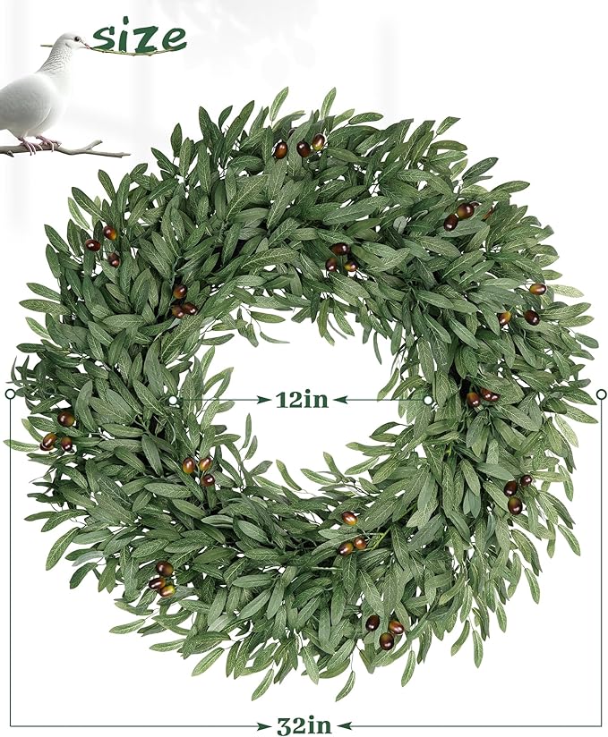 32 Inch Large Olive Wreaths for Front Door, Artificial Large Spring Summer All Seasons Year Round Green Lush Olive Branch Wreath for Home Farmhouse Porch Window Outdoor