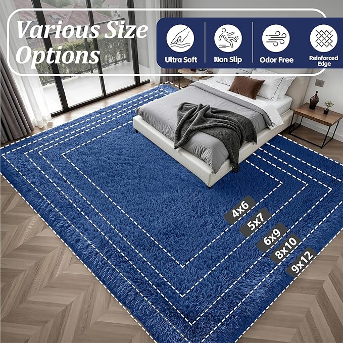 6x9 Area Rugs for Living Room Bedroom: Ultra Soft Fluffy Shag Rug Upgrade Non-Slip Non-Shedding Large Fuzzy Plush Carpet Indoor Floor Carpets for Kids Room Playroom Nursery Dorms Home Decor Blue
