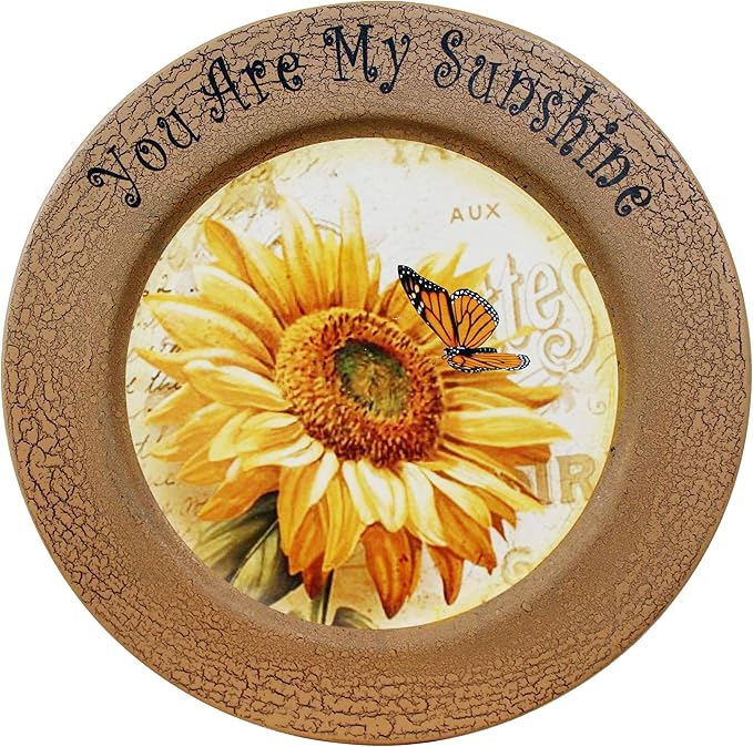 CVHOMEDECO. Sunflower Decorative Plate Primitives Round Crackled Display Wooden Plate Home Décor Art, 13-1/4 Inch