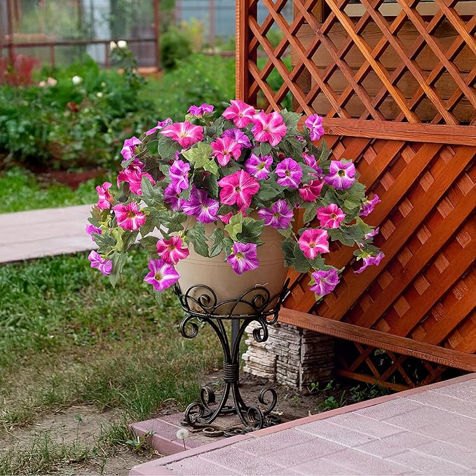 Artificial Fake Flowers Plants for Outdoor Decoration, 2PCS Faux Petunias Silk Flower UV Resistant No Fade Floral for Home Outside Garden Balcony Yard Porch Realistic Indoor Decor (Fuchsia Lotus)