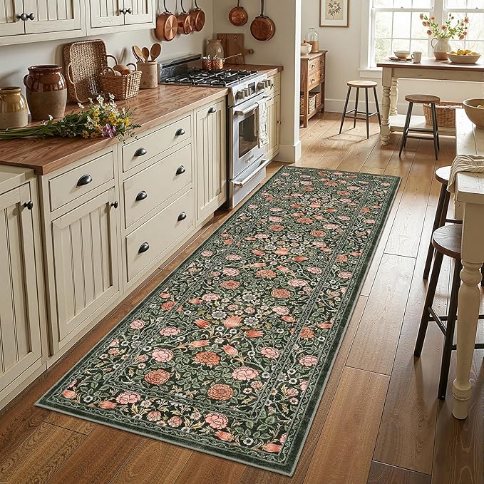GarveeHome Dark Green Vintage Floral 2x6 Runner Rug Washable Kitchen Rugs Non Slip Boho Long Rug for Hallways Bedroom Entryway Bathroom Mat with Rubber Back
