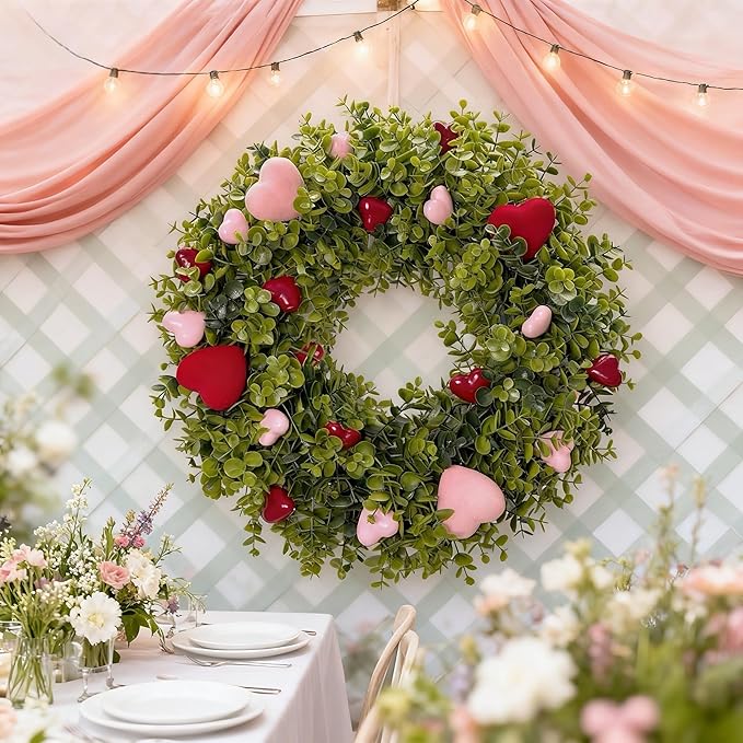 HipTree 18 Inch Spring Mothers Day Heart Wreath for Front Door,Artificial Boxwood Wreath with Flocked Pink & Red Hearts- Romantic for Valentines Day,Anniversary,Wedding,Indoor Outdoor and Wall Decor