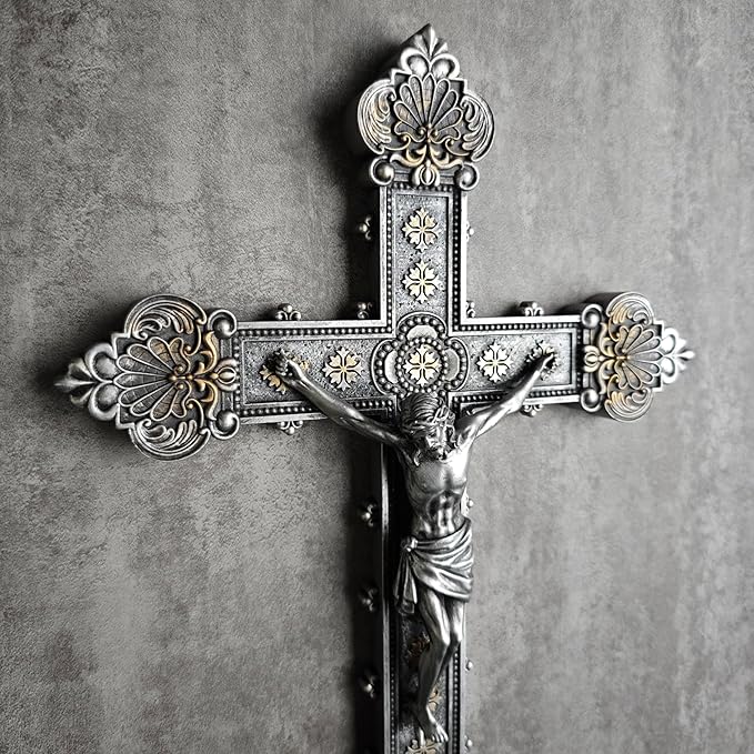 BC Catholic Crucifix Wall Cross, 12"H Jesus Christ Home Decor, Religious Gift, Vintage Silver Color Finish, Renaissance Sculpture Hand-painted by Buildclassic