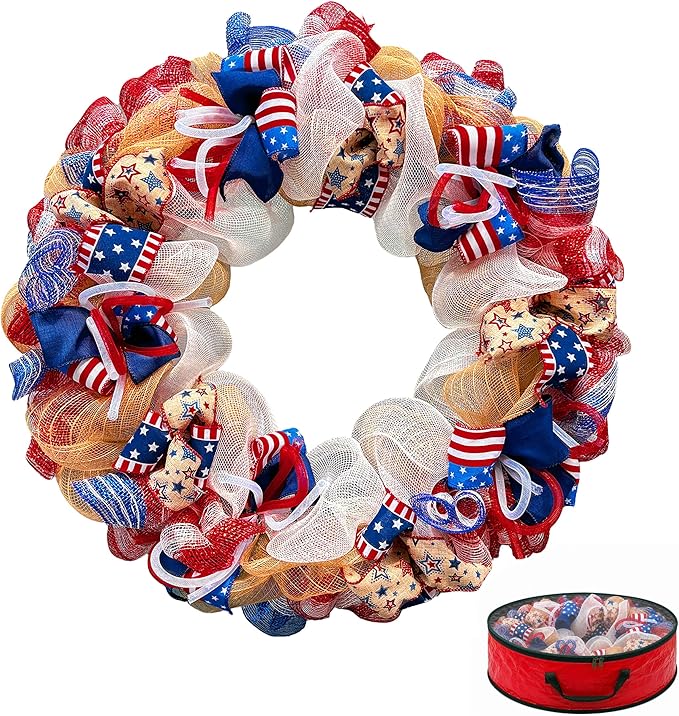 250th Anniversary Patriotic Wreaths for Front Door, 28 Inch Extra Large 4th of July Wreath, Pre-Lit Layered Ribbon Design, Red White and Blue Memorial Day Decorations with Storage Bag