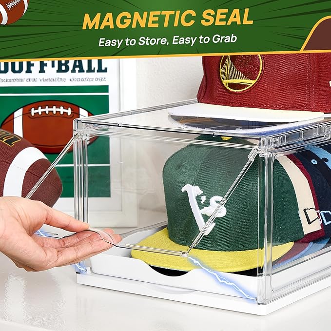 Vtopmart 6 Pack Hat Organizer for Baseball Caps, Clear Hats Holder Box with Drawer, Large Cap Storage with Sliding Tray, Stackable Rack Display Case with Magnetic Door, Each Holds 12 Hats