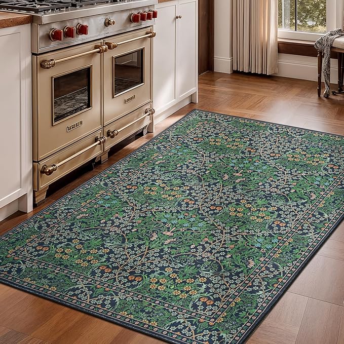 Lessymo Floral Forest Green 3x5 Area Rugs for Entryway, Kitchen, Bedroom Beside Rug Soft Non-Slip Small Carpet for Living Room, Laundry Room, Vintage Distressed Boho Flower Print