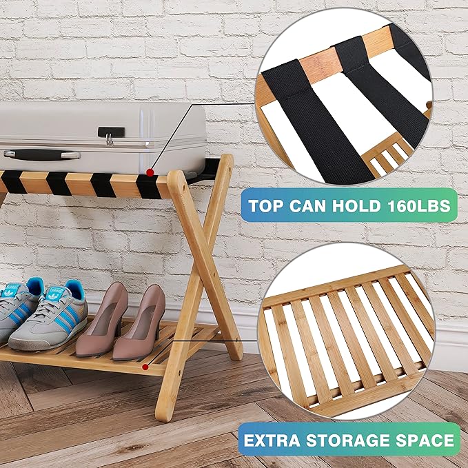 SMIBUY Luggage Rack, Set of 2, Foldable Bamboo Suitcase Stand with Storage Shelf for Guest Room, Bedroom, Hotel, Heavy-Duty (Natural)