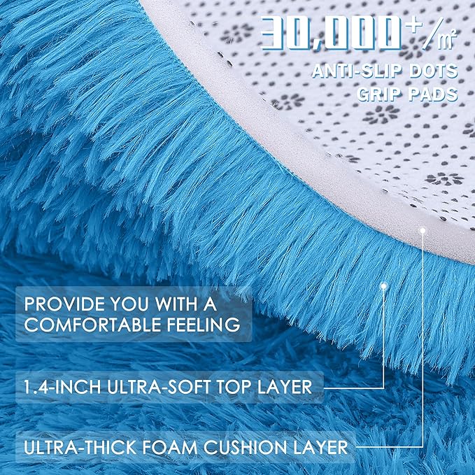 OLANLY Bright Blue Round Rugs for Bedroom - Machine Washable, 5 ft Circle Area Rugs for Living Room, Soft and Fluffy Shaggy Carpet for Teen Girl and Boys, Nursery Rooms, Dorms, Home Decor Aesthetic
