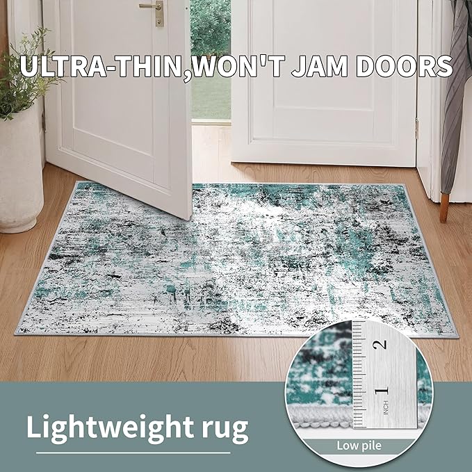 Ciicool 2x6 Washable Runner Rug, Modern Abstract Hallway Runner, Non-Slip Thin Accent Rug Lightweight Teal Black Print Distressed Carpet for Laundry Entryway Bedroom Kitchen Indoor