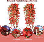 Artificial Hanging Flowers for Outdoors, 2 PCS UV Resistant Faux Silk 150 Morning Glory Each Trailing Vines, Fake Plants for Spring Outdoor Garden Planter Porch Patio Decoration, Red