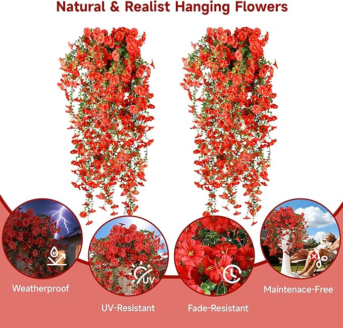 Artificial Hanging Flowers for Outdoors, 2 PCS UV Resistant Faux Silk 150 Morning Glory Each Trailing Vines, Fake Plants for Spring Outdoor Garden Planter Porch Patio Decoration, Red