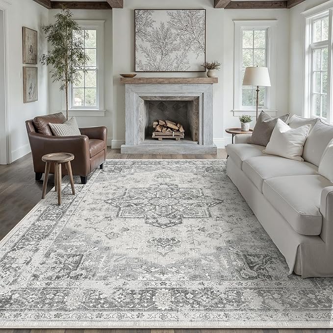 Gray 6x9 Area Rug Washable Vintage Living Room Carpet Non Slip Retro Distressed Low Pile Soft Oriental Medallion Thin Large Grey Throw Rug for Office Bedroom Dining Room Playroom
