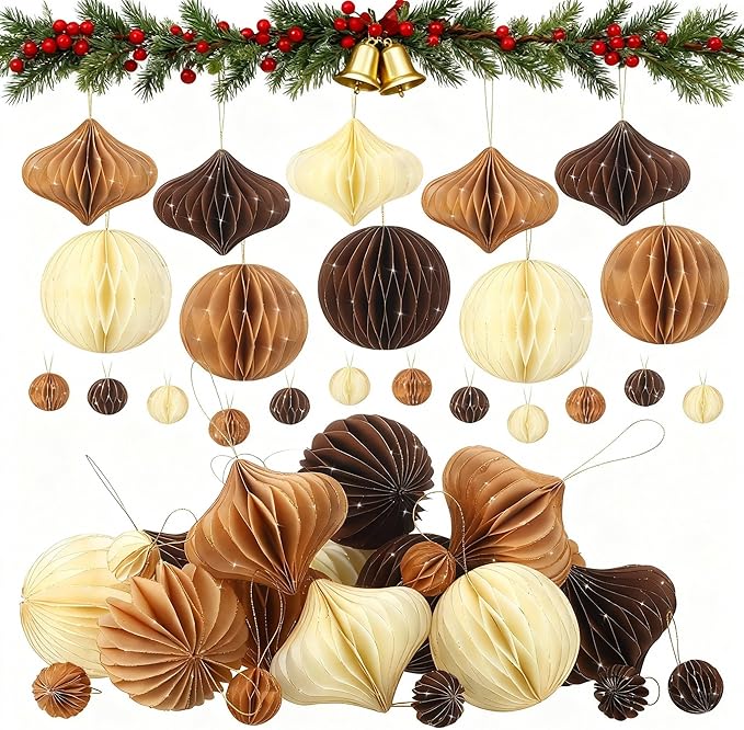 TecUnite 50 Pcs Christmas Paper Honeycomb Ornaments for Tree Vintage 3D Mini Glitter Edge Paper Christmas Ornament Honeycomb Tree Hanging Neutral Boho Holiday Xmas Party Decoration(Brown)