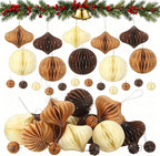TecUnite 50 Pcs Christmas Paper Honeycomb Ornaments for Tree Vintage 3D Mini Glitter Edge Paper Christmas Ornament Honeycomb Tree Hanging Neutral Boho Holiday Xmas Party Decoration(Brown)