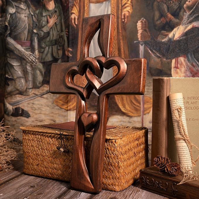 BGCOPPER Marriage Cross for Wall Love Wall Decor, Handmade Wooden Intertwined Heart Wall Cross for Wedding Valentine Christmas Gift - 20 Inch