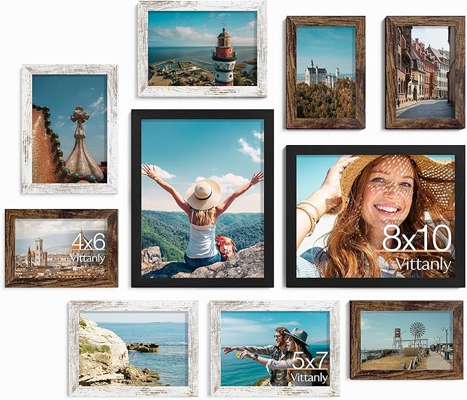 Vittanly 10 Pack Picture Frames Collage Wall Decor, Gallery Wall Frame Set for Wall or Tabletop Display, Multi Sizes with Two 8x10, Four 5x7, and Four 4x6 Photo Frames, Black&Brown&Distressed White