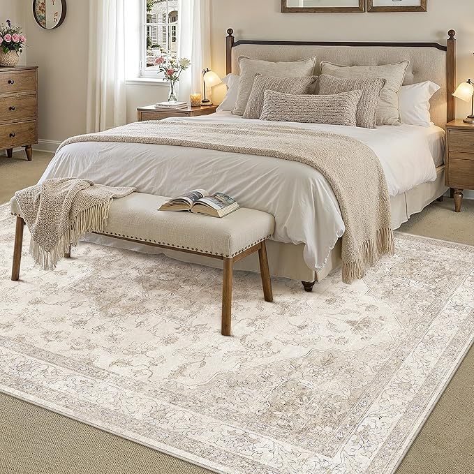 Beige Area Rug 10x12 Washable Living Room Carpet Vintage Non Slip Soft Bedroom Indoor Office Retro Low Pile Thin Oriental Medallion Large Rug for Dining Room Bathroom Playroom