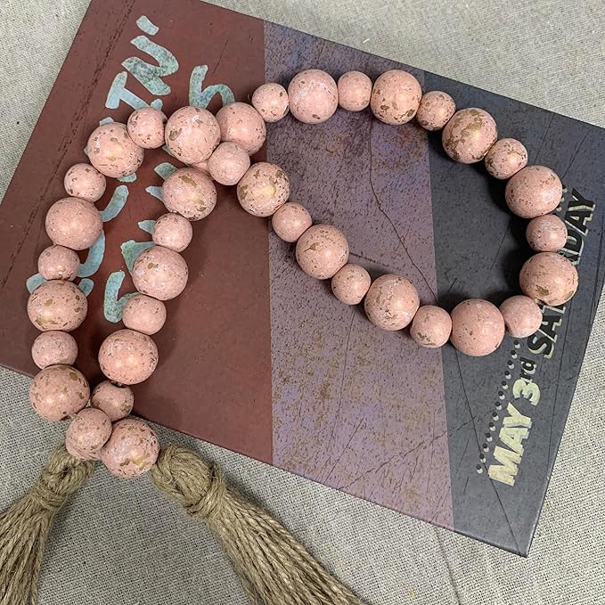 Handcrafted Farmhouse Wooden Decorative Beads Garland, Table Tray Boho Wood Beads with Tassel, Small Rustic Antique Decor for Home and Events (Rose Dawn Gold)