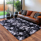 Black and White Rug for Living Room, 8x10 Area Rug for Bedroom, Bedside Indoor Floor Fluffy Shag Carpet, Plush Soft Rug for Boys Girls Kids Room Nursery Dorm Home Decor