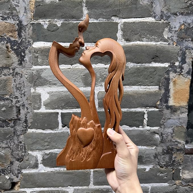 BGCOPPER Wooden Kissing Couple Ornament, Abstract Couple Portrait Sculpture Romantic Love Statue Decor Gift for Women Anniversary Valentine Wedding - 14 Inch