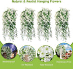 Artificial Hanging Flowers for Outdoors, 4 PCS UV Resistant Faux Plants Silk Realistic 150 Morning Glory Each Vines, Fake Plastic Floral for Garden Patio Spring Summer Decor, White