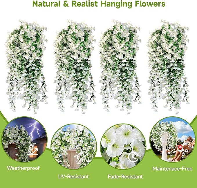 Artificial Hanging Flowers for Outdoors, 4 PCS UV Resistant Faux Plants Silk Realistic 150 Morning Glory Each Vines, Fake Plastic Floral for Garden Patio Spring Summer Decor, White