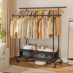 Clothes Rack, Double Rods Clothing Rack, Clothing Racks for Hanging Clothes, Rolling Clothes Rack with Storage Basket & Heavy Duty Wheels, Garment Rack for Bedroom, Laundry Room, Black