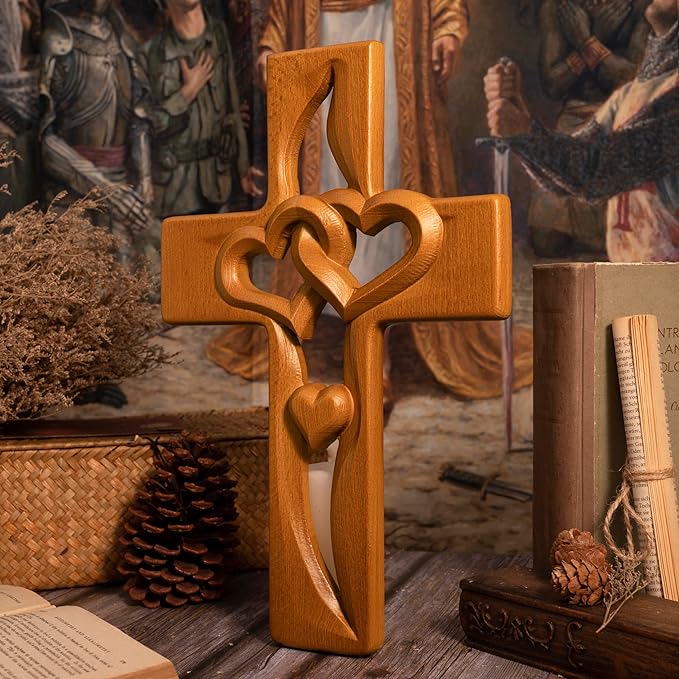BGCOPPER Marriage Cross for Wall Love Wall Decor, Handmade Wooden Intertwined Heart Wall Cross for Wedding Valentine Christmas Gift (Wood, 10 Inch)