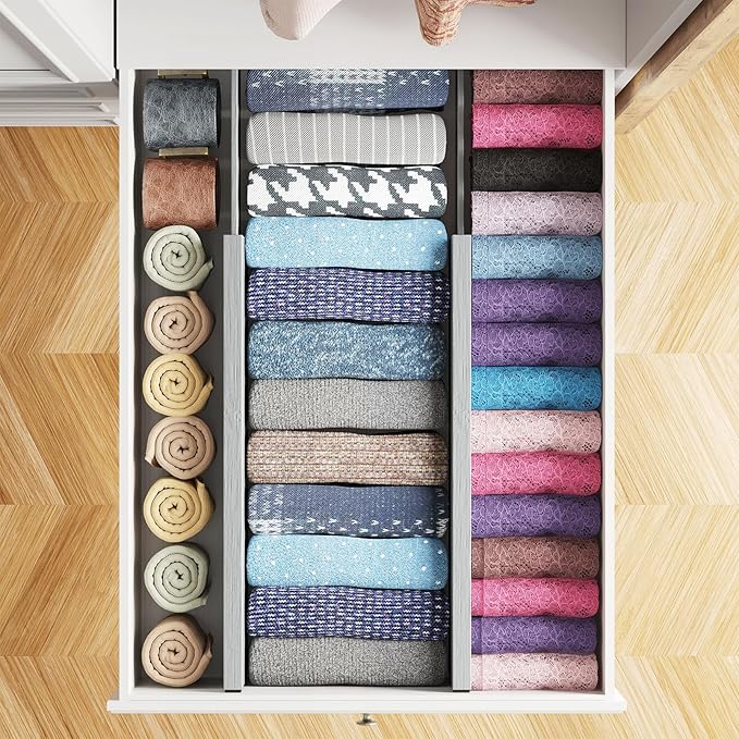 SpaceAid Bamboo 4 Pack Dresser Drawer Dividers, 4.65“ High Adjustable 17“-22” Drawer Organizers, Expandable Organization for Clothing, Clothes, Dressers, Gray