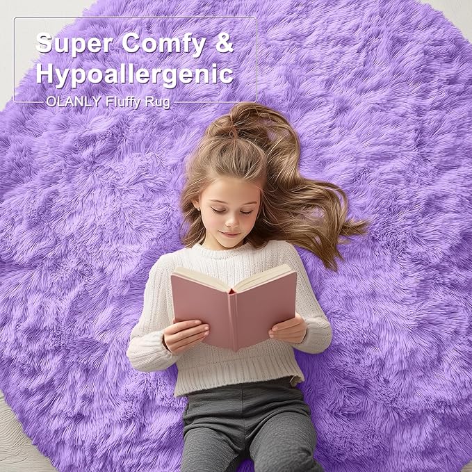 OLANLY Purple Round Rugs for Bedroom - Machine Washable, 9 ft Circle Area Rugs for Living Room, Soft and Fluffy Shaggy Carpet for Teen Girls and Boys, Nursery Rooms, Dorms, Home Decor Aesthetic