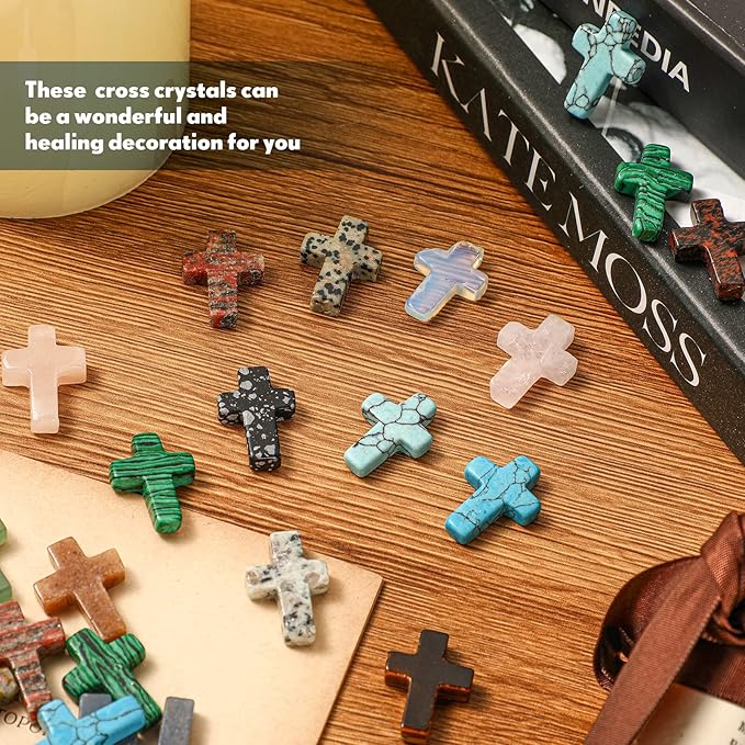 Nuenen 50 Pcs Cross Charm for Women Man Celebration Grad Decor Crystal Pocket Cross Necklace Natural Worry Stone Gift for Jewelry Making Craft Festival Decor (0.71 x 0.98 x 0.24 Inch,Classic)
