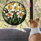 Stained Glass Window Hanging, Yellow and White Daffodils Sun Catcher for Door Home Decor Plants Flowers Suncatcher Christmas Mother's Day Birthday Gifts for Women Men Mom Nana 9.8 in