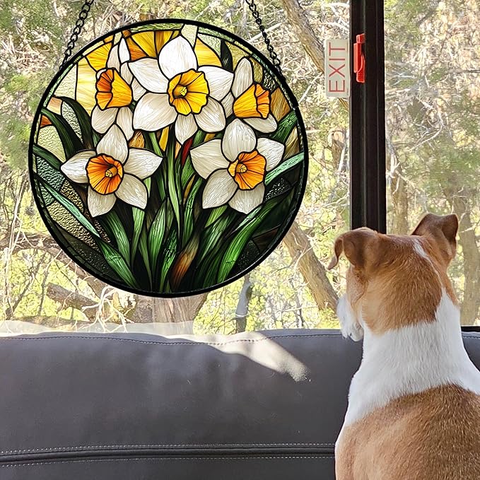 Stained Glass Window Hanging, Yellow and White Daffodils Sun Catcher for Door Home Decor Plants Flowers Suncatcher Christmas Mother's Day Birthday Gifts for Women Men Mom Nana 9.8 in
