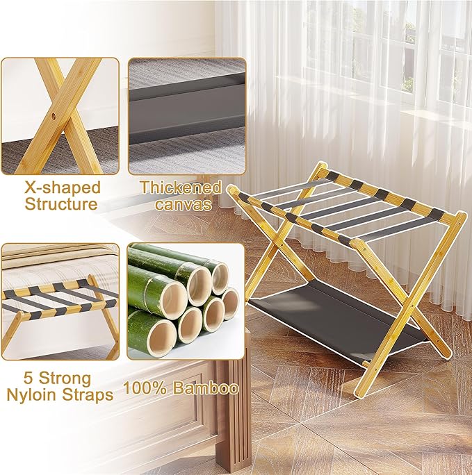 Bamboo Luggage Rack for Guest Room, 26.77" Folding Wide Suitcase Stand with Fabric Storage Shelf, Thickened Luggage Stand Holder for Bedroom Hotel, Luggage Rack for Suitcases (1 Pack - Natural)