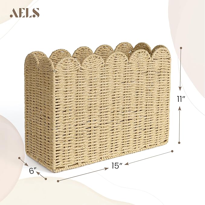 AELS Woven Natural Fibre Magazine Holder, Scalloped Edge Floor Magazine Rack, Hand-woven Organizer, Boho Modern Farmhouse Book Basket, File Newspaper Mail Holder for Office