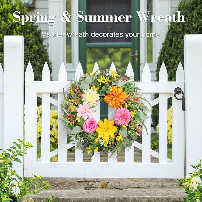 Summer Wreaths for Front Door 24 Inch, Artificial Spring Wreath with Dahlia and Peony for All Season Home Decor Easter Indoor Outdoor Wall Home Festival Celebrations