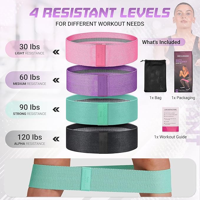 Resistance Bands, Workout Bands, Exercise Bands for Working Out with Workout Bands Guide, 4 Levels Booty Bands, Leg Exercise Bands Resistance, Glute Bands, Non-Slip Fabric Elastic Bands for Men Women