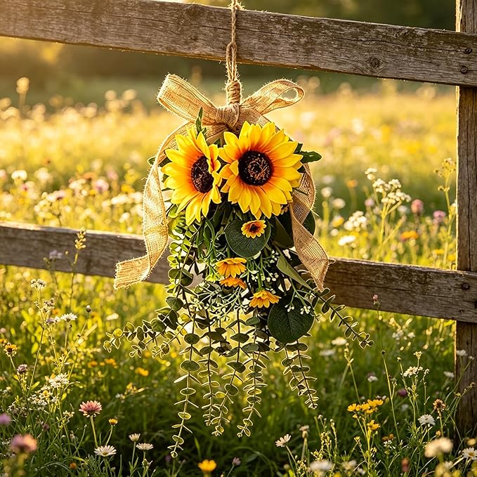 Generic 24 in Sunflower Swag, Artificial Floral Garland with Burlap Bow, Rustic Door Swag for Front Door Outside, Summer Sunflower Wreath Decor for Home Window Farmhouse. (2Pcs)