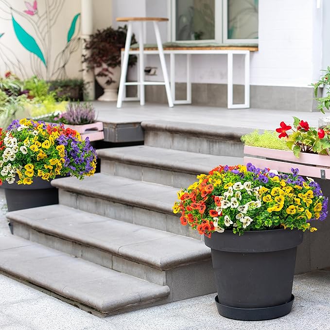 16 Bundles Artificial Fake Pansy Flowers for Outdoor - Yellow, White，Sunset red & Purple Faux Pansies Flowers, Fake Flowers for Outdoor Planters, Porch, Garden, Window Boxes, and Home Decoration