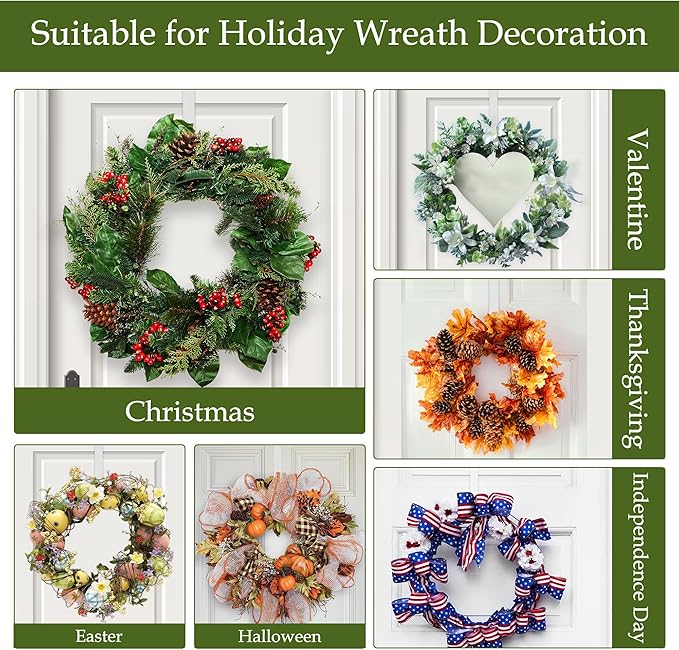 2 Pack Wreath Hangers for Front Door,14 Inch Wreath Hanger Hook for Front Porch Decor,Metal Over The Door Hooks Hanger for Halloween Fall Christmas Decorations Outdoor Indoor Home Decor,White