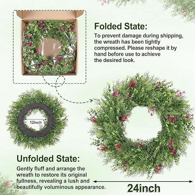 24 Inch Summer Wreaths for Front Door Spring Wreath Outdoor Green Door Wreath for All Seasons Porch Living Room Bedroom Indoor Outdoor Window Wall Farmhouse Home Decoration