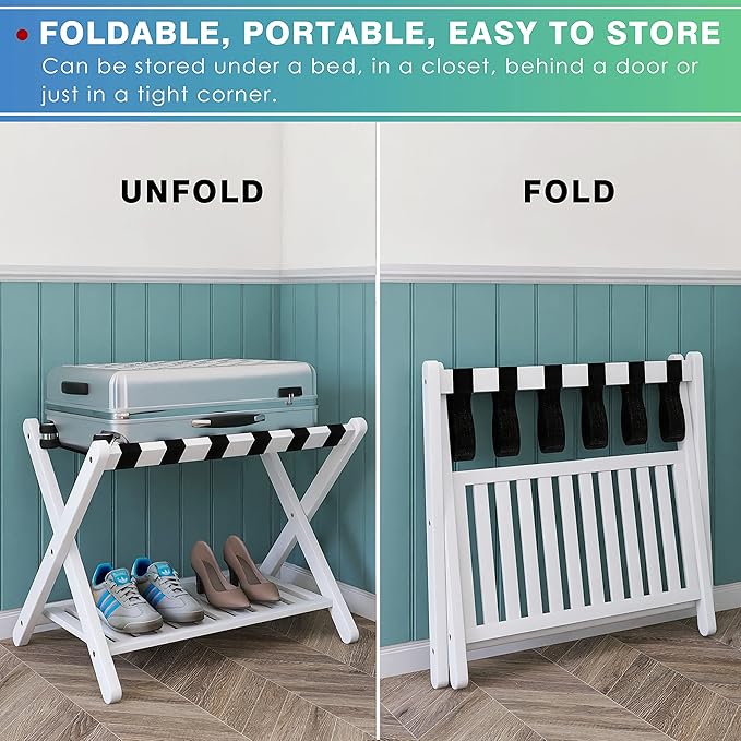 SMIBUY Luggage Rack, Set of 2, Foldable Bamboo Suitcase Stand with Storage Shelf for Guest Room, Bedroom, Hotel, Heavy-Duty (White)