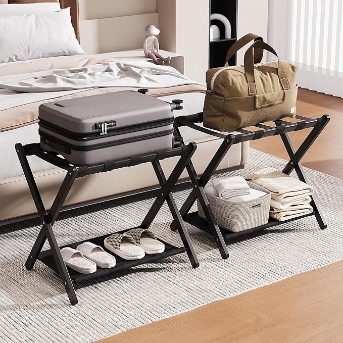 26.77" Full Assembled Luggage Rack for Guest Room, Set of 2 Bamboo Foldable Suitcase Stand, Bedroom & Hotel, Folding Luggage Holder with 5 Nylon Straps, 600D Oxford Fabric Shelf Black