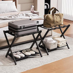 26.77" Full Assembled Luggage Rack for Guest Room, Set of 2 Bamboo Foldable Suitcase Stand, Bedroom & Hotel, Folding Luggage Holder with 5 Nylon Straps, 600D Oxford Fabric Shelf Black
